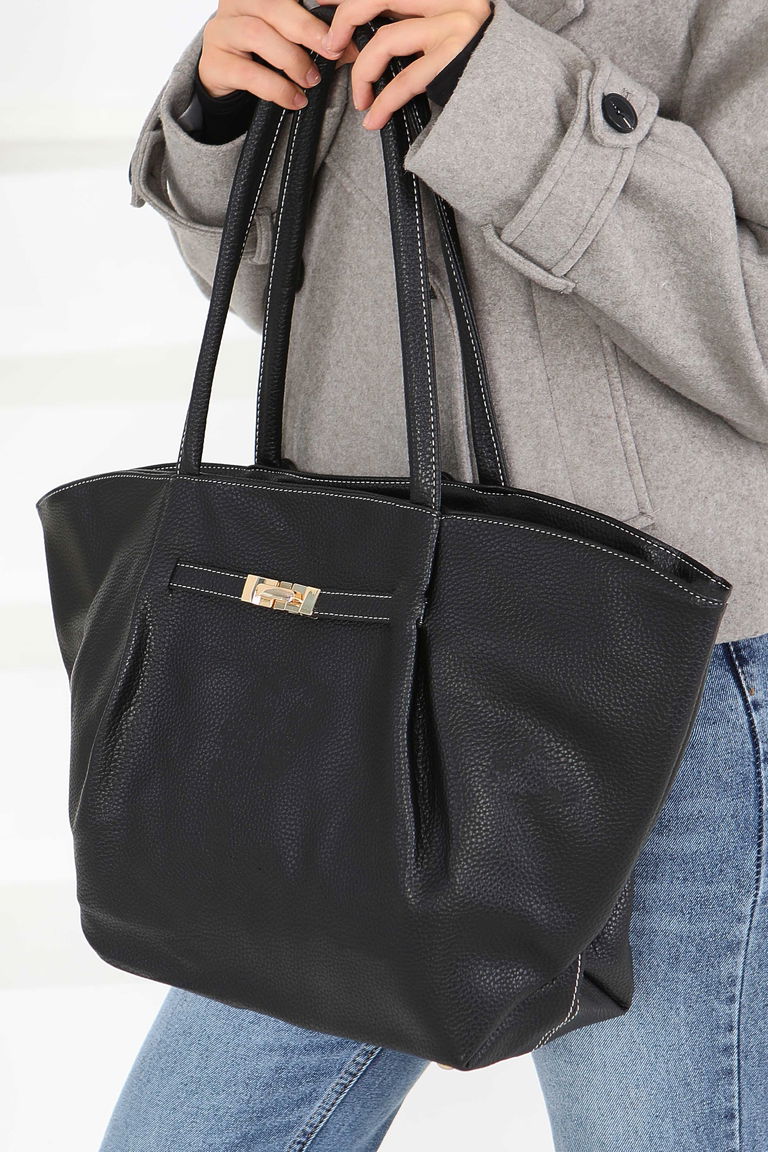 Kadın Siyah Geniş Suni Deri Omuz Çantası - 27844-SIYAH - TOFİSA