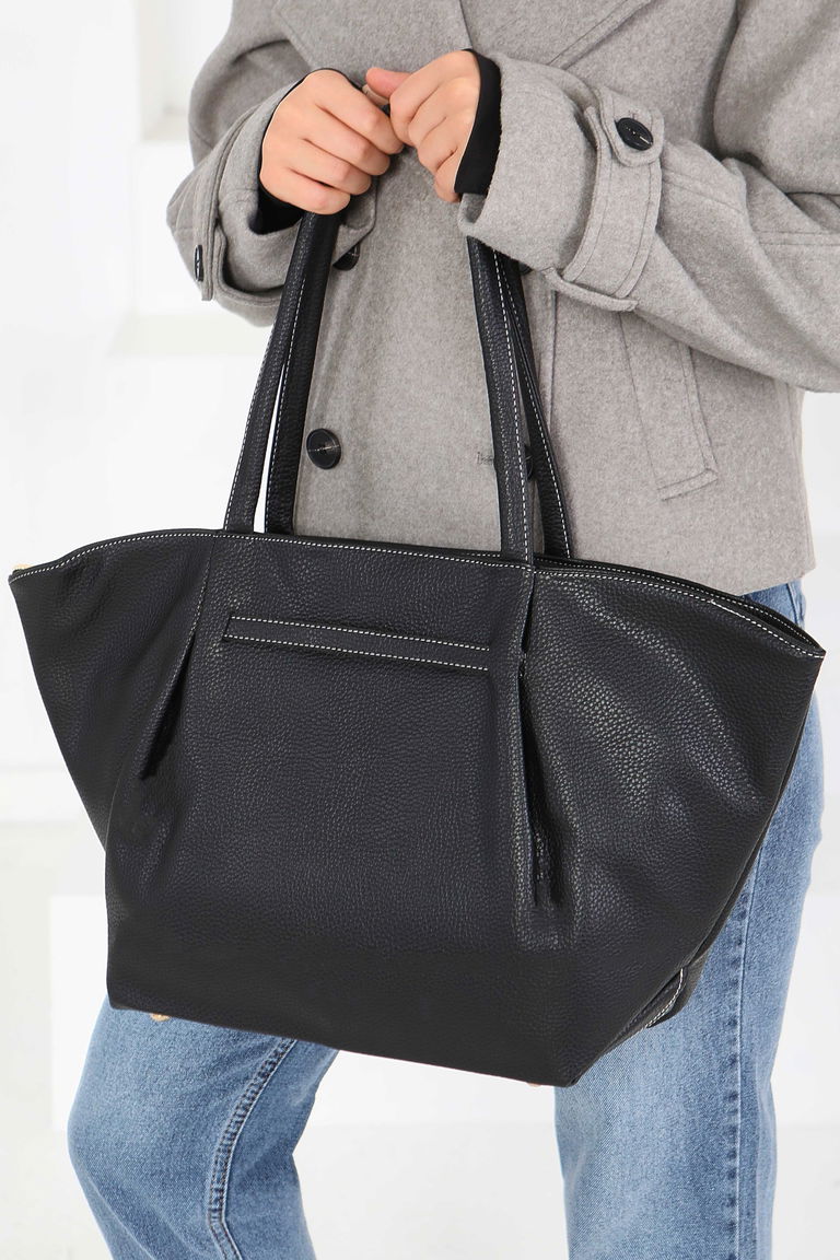 Kadın Siyah Geniş Suni Deri Omuz Çantası - 27844-SIYAH - TOFİSA