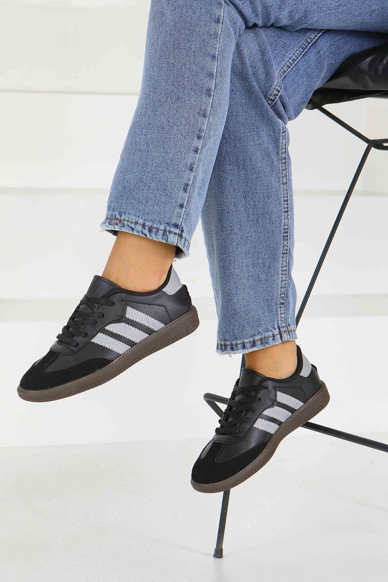 Kadın Siyah Gri Suni Deri Spor Ayakkabı - 27702 - TOFİSA