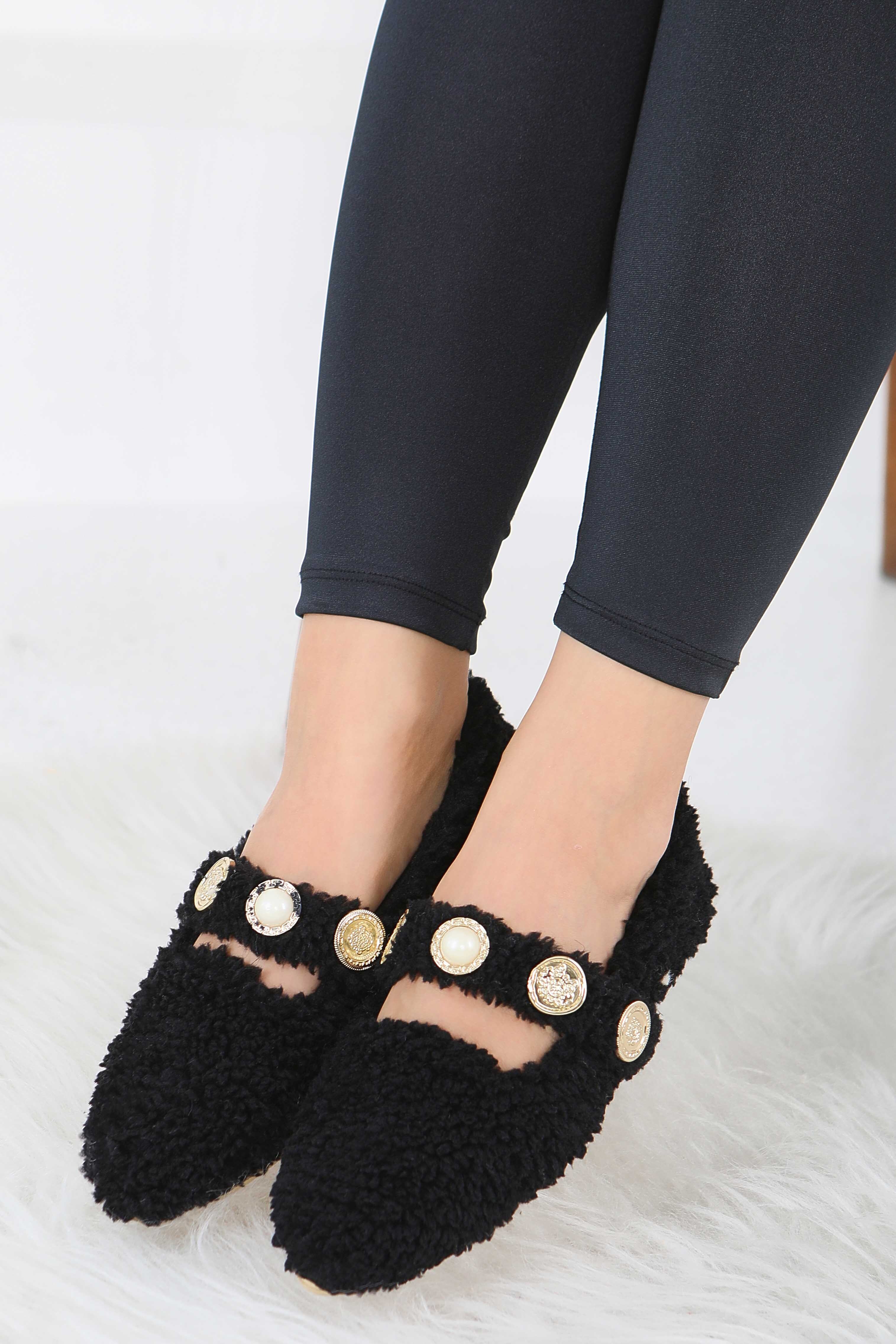 Kadın Siyah İnci Ve Tuğra Detaylı Peluş Babet - 27911-SIYAH - 2