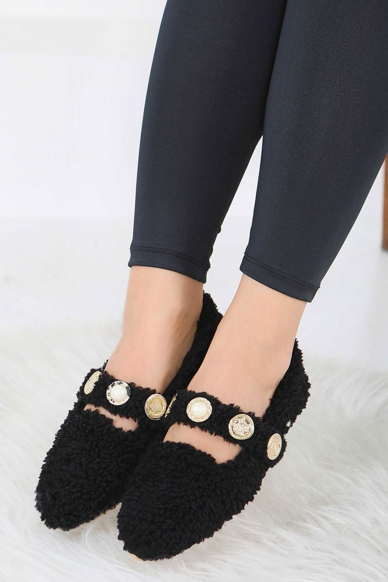 Kadın Siyah İnci Ve Tuğra Detaylı Peluş Babet - 27911-SIYAH - TOFİSA