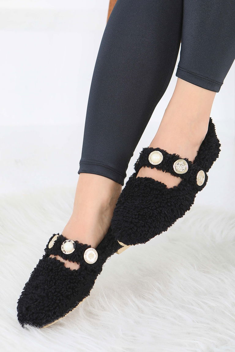 Kadın Siyah İnci Ve Tuğra Detaylı Peluş Babet - 27911-SIYAH - TOFİSA