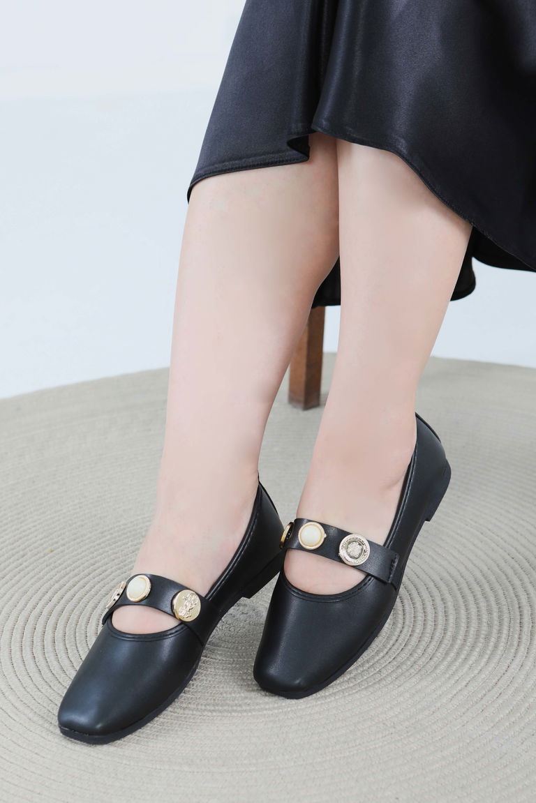 Kadın Siyah İncili Babet Ayakkabı - 27473 - TOFİSA