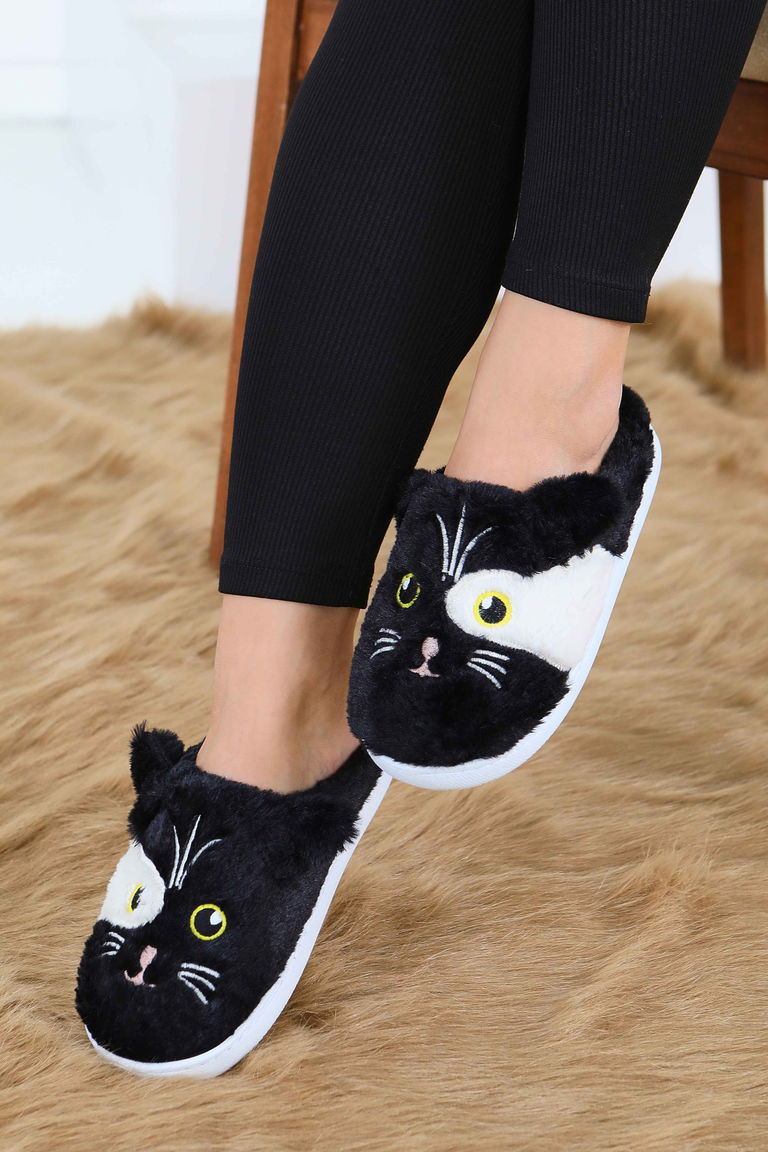 Kadın Siyah Kedi İşleme Detaylı Ev Terliği - 27778-SIYAH - TOFİSA