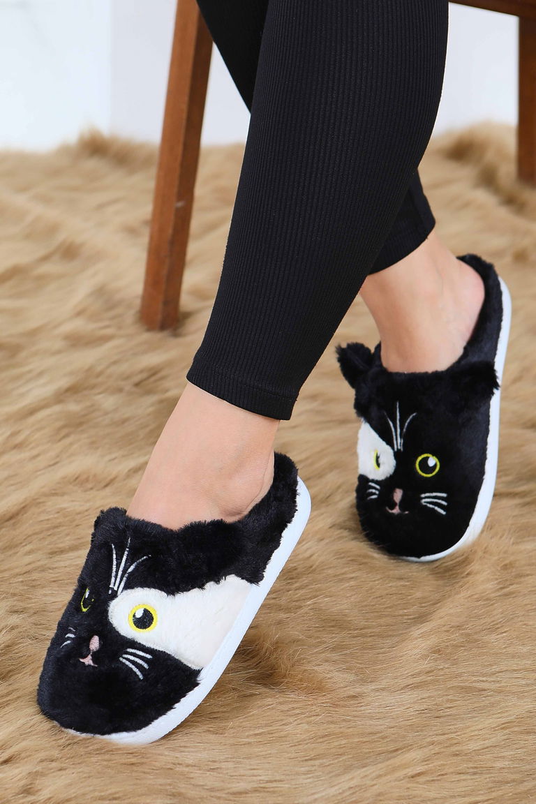 Kadın Siyah Kedi İşleme Detaylı Ev Terliği - 27778-SIYAH - TOFİSA