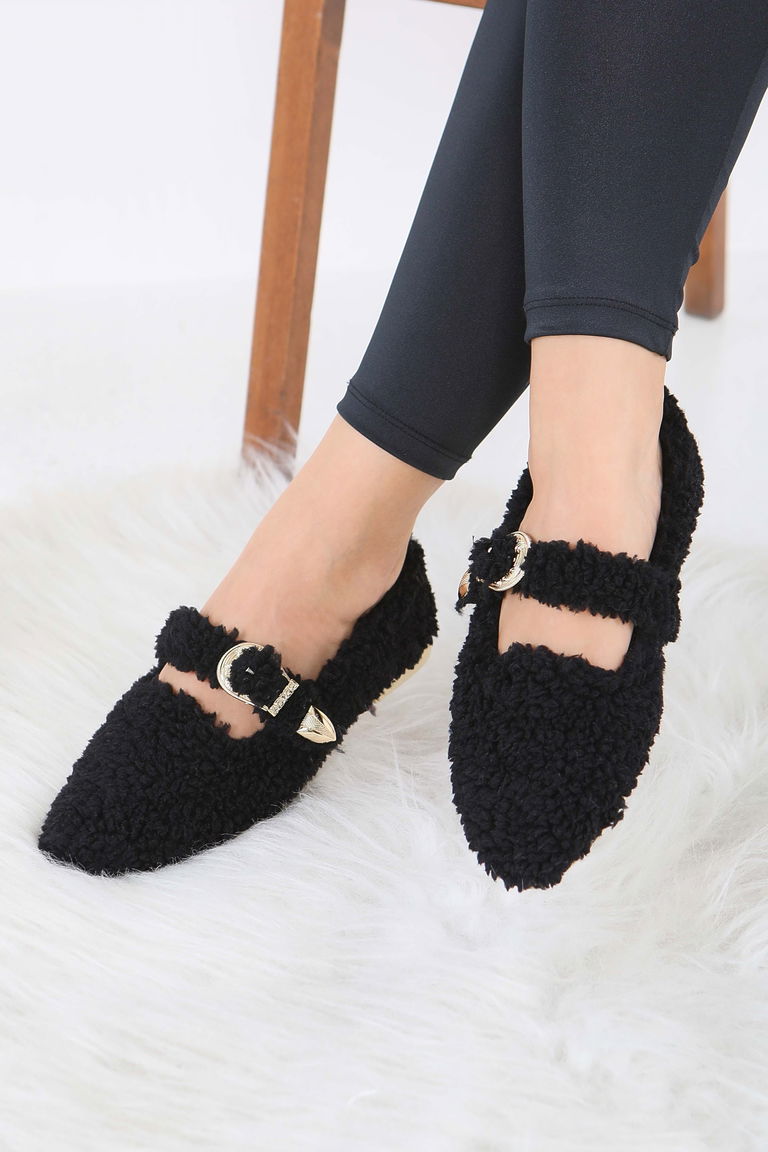 Kadın Siyah Kemer Detaylı Peluş Babet - 27910-SIYAH - TOFİSA