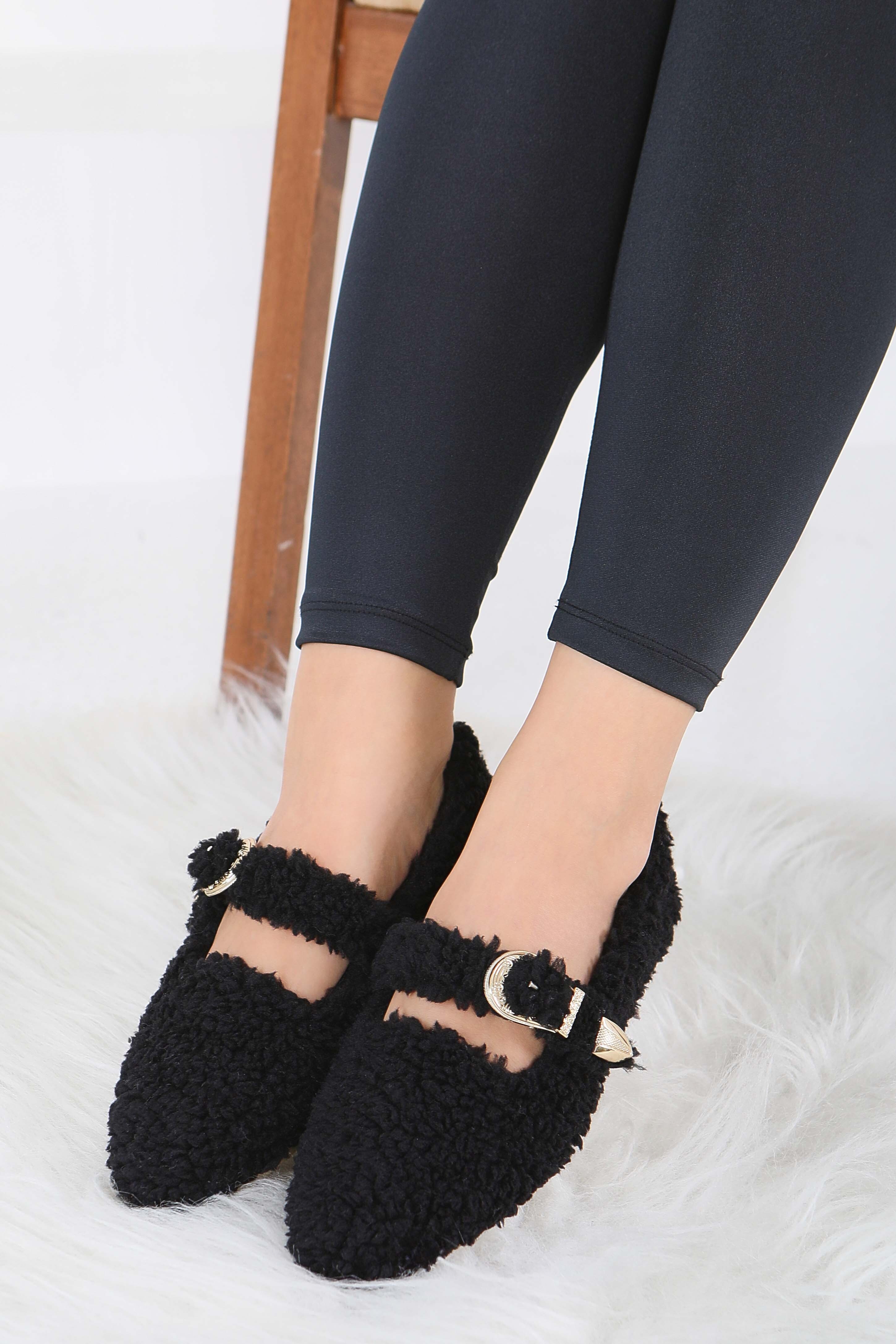 Kadın Siyah Kemer Detaylı Peluş Babet - 27910-SIYAH - 2