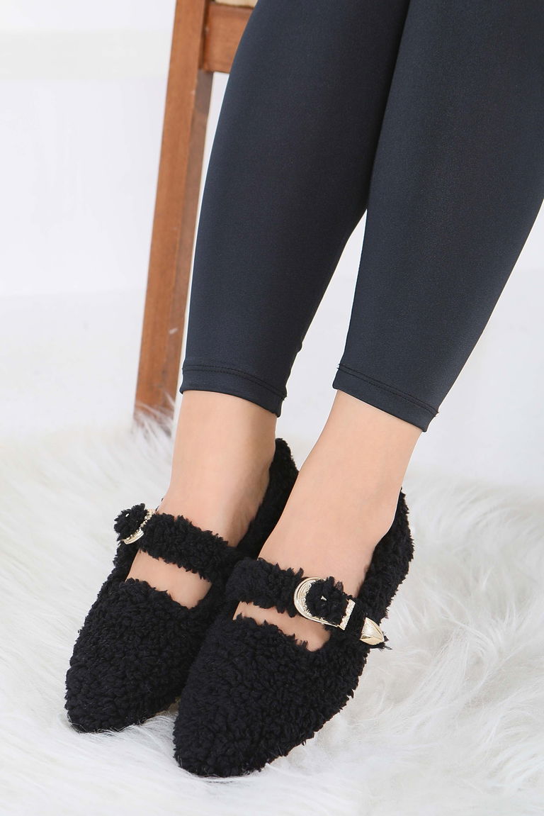 Kadın Siyah Kemer Detaylı Peluş Babet - 27910-SIYAH - TOFİSA