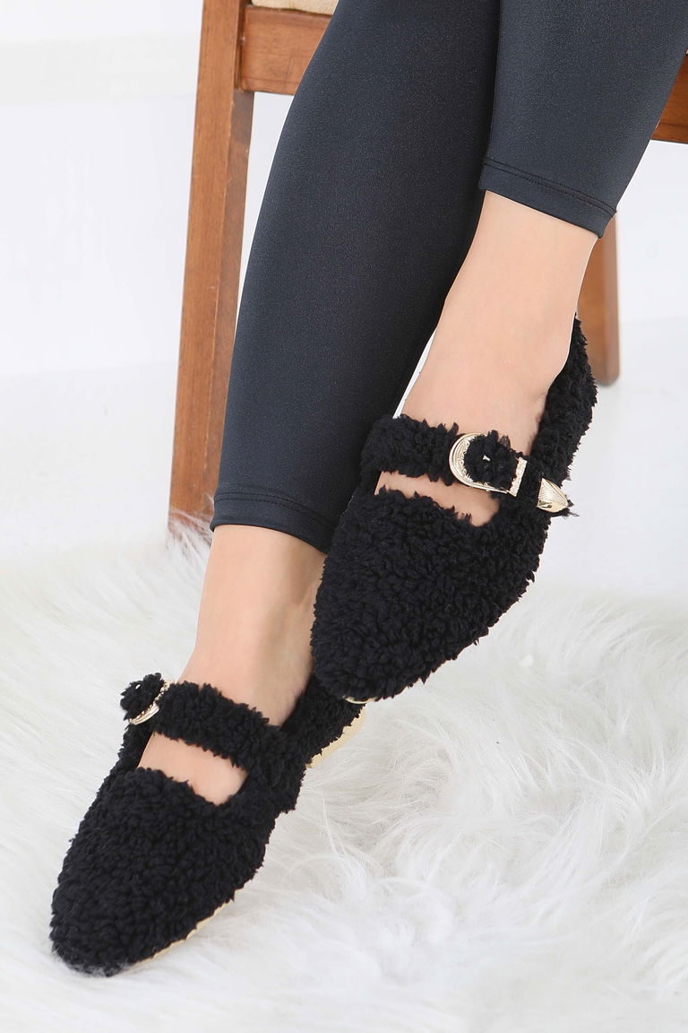 Kadın Siyah Kemer Detaylı Peluş Babet - 27910-SIYAH - TOFİSA