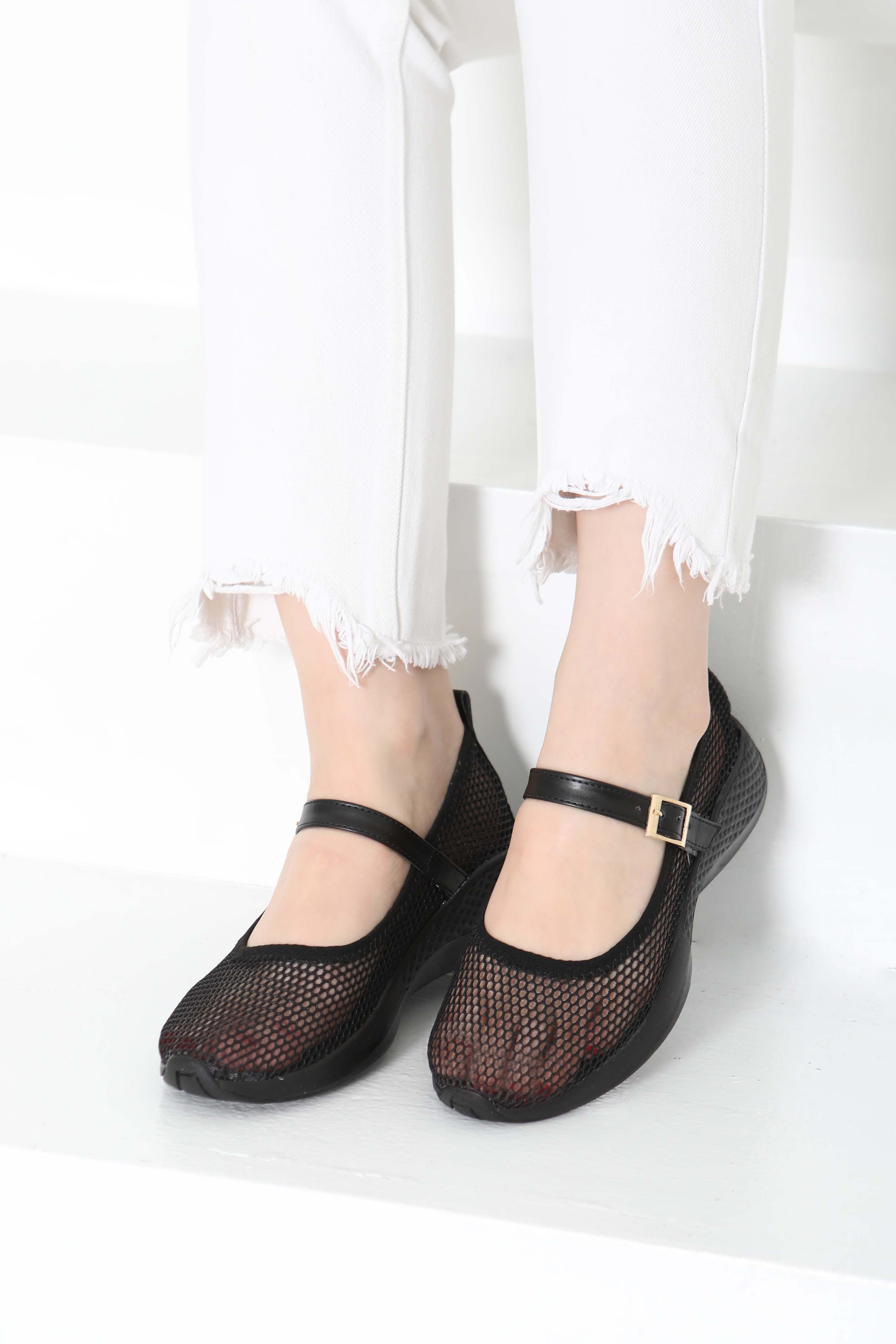 Kadın Siyah Kemerli File Babet Ayakkabı - 27144 - 3