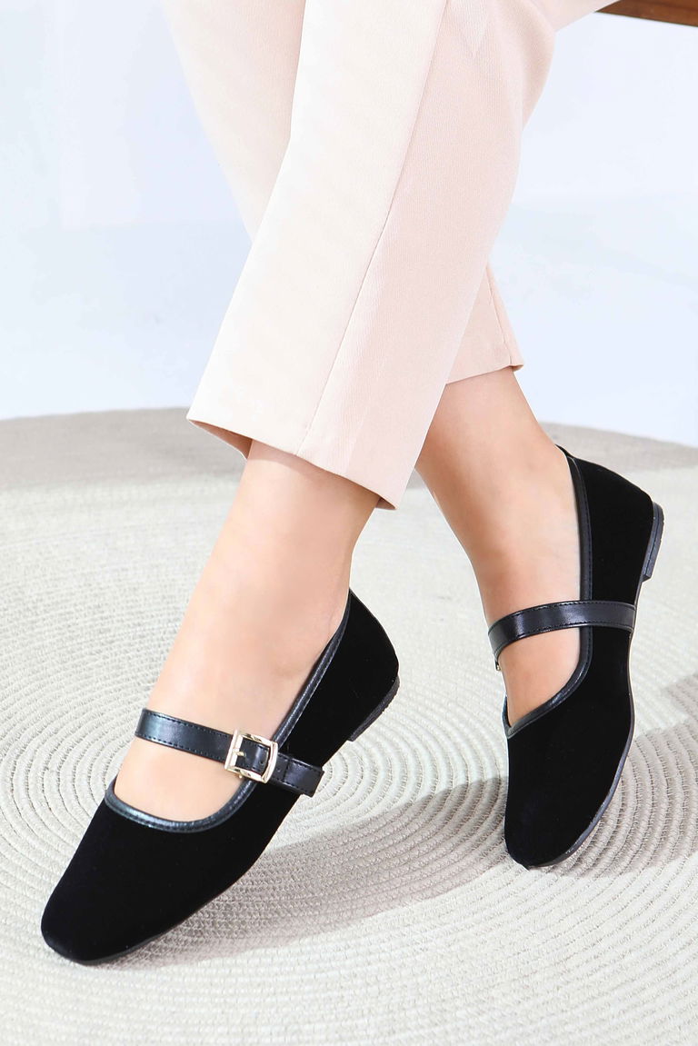 Kadın Siyah Kemerli Süet Babet - 27791-SIYAH - TOFİSA