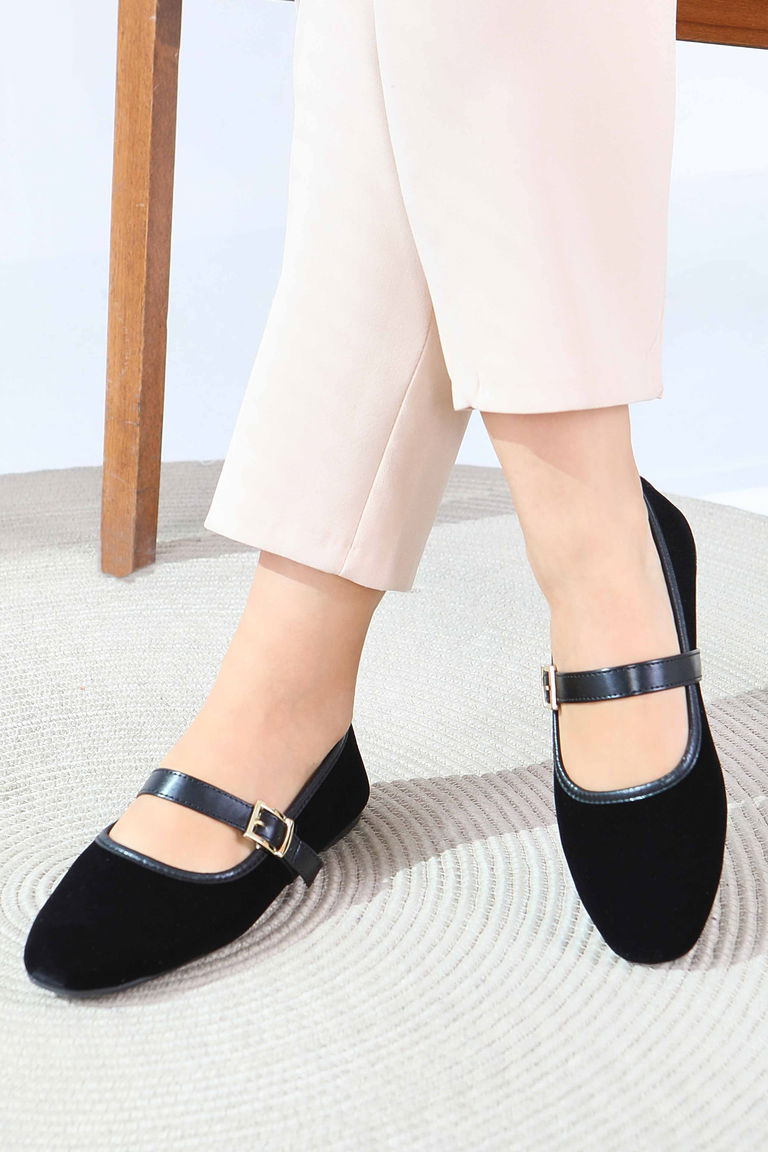 Kadın Siyah Kemerli Süet Babet - 27791-SIYAH - TOFİSA