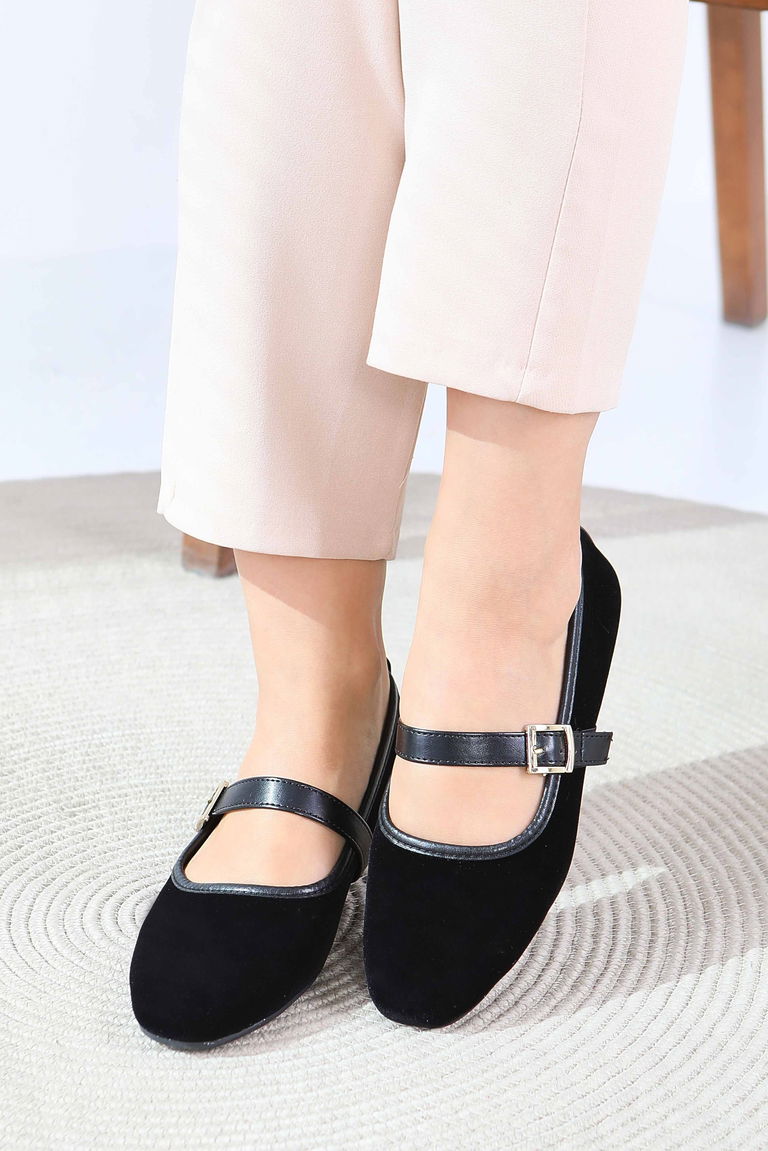 Kadın Siyah Kemerli Süet Babet - 27791-SIYAH - TOFİSA