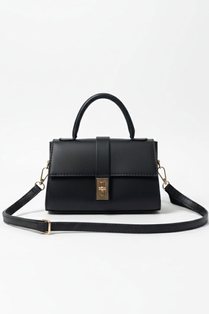 Kadın Siyah Kilitli Mıni Suni Deri Çanta - 28142-SIYAH - TOFİSA