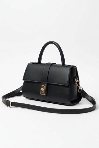 Kadın Siyah Kilitli Mıni Suni Deri Çanta - 28142-SIYAH 