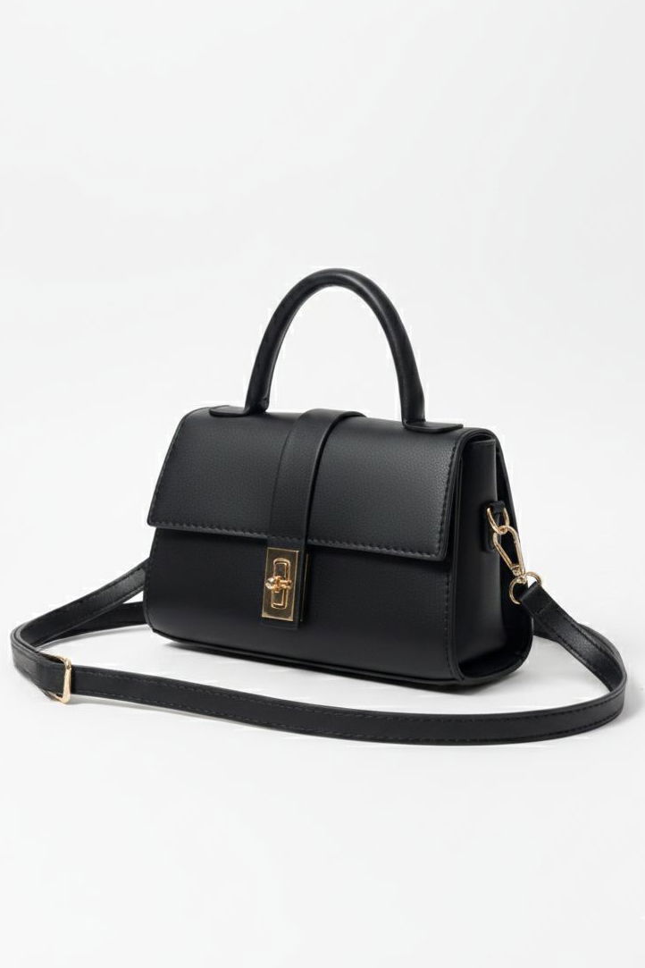 Kadın Siyah Kilitli Mıni Suni Deri Çanta - 28142-SIYAH - TOFİSA