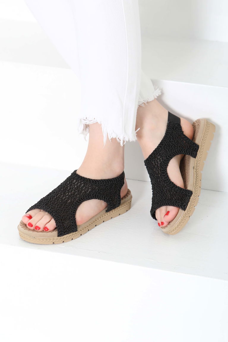 Kadın Siyah Nakış Hasırlı Sandalet - 27156 - TOFİSA