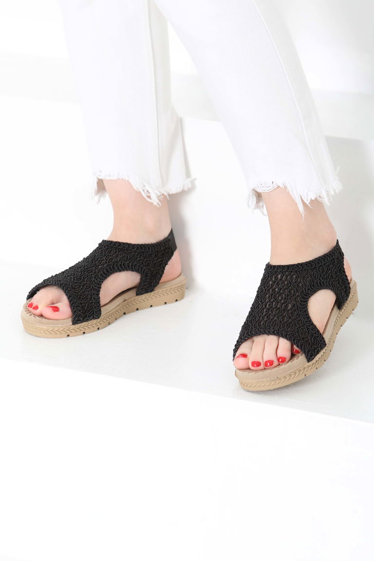 Kadın Siyah Nakış Hasırlı Sandalet - 27156 - TOFİSA