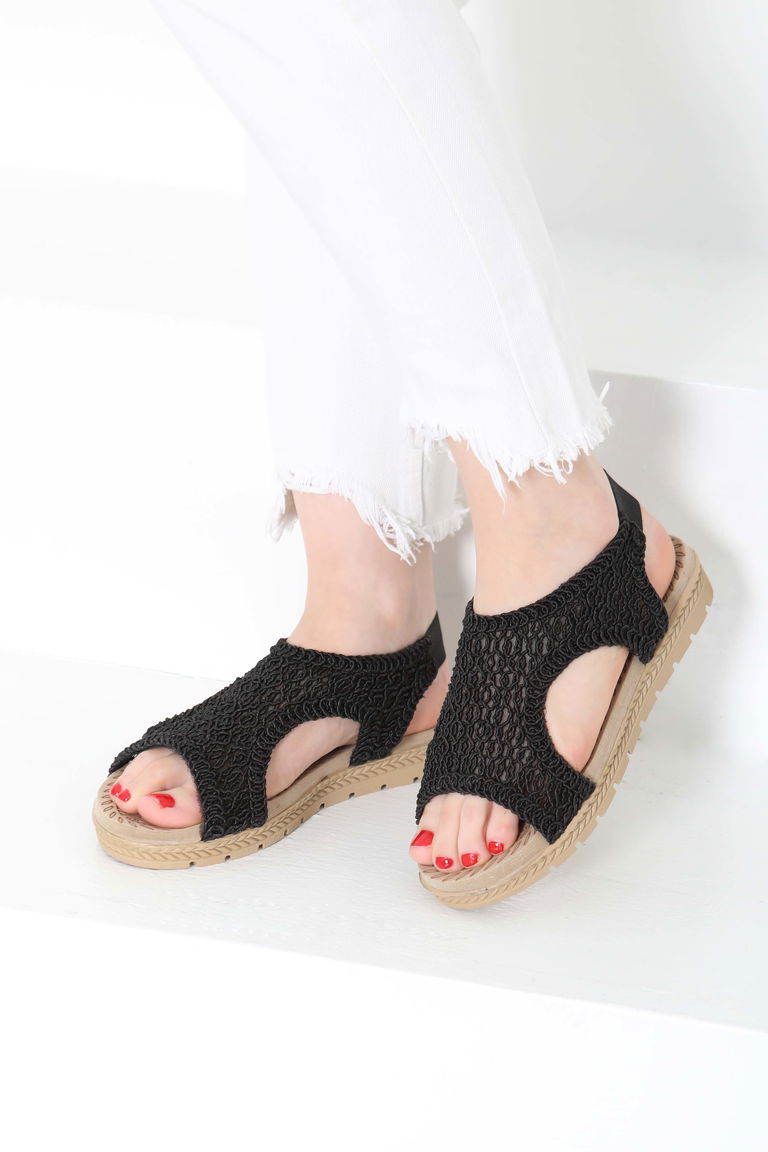 Kadın Siyah Nakış Hasırlı Sandalet - 27156 - TOFİSA