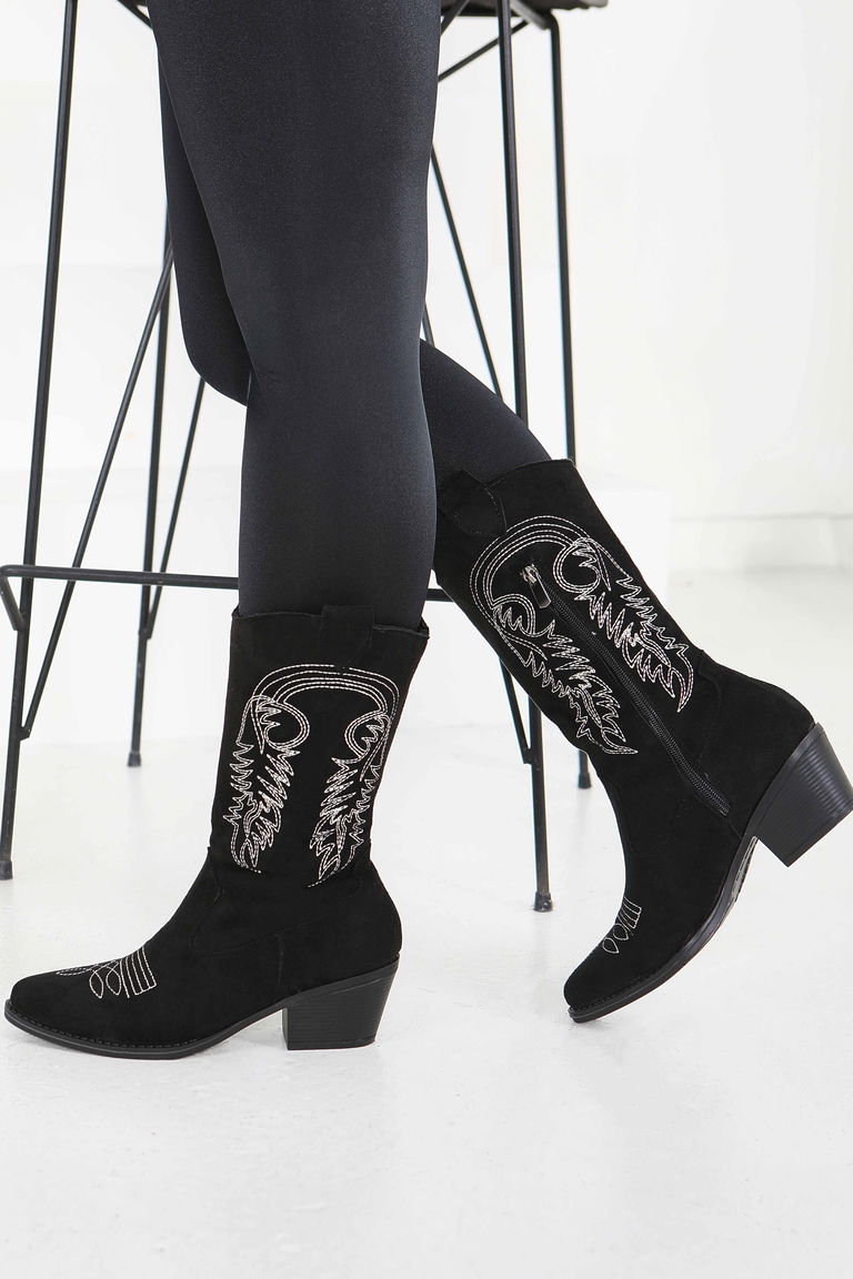 Kadın Siyah Nakışlı Kovboy Fermuarlı Süet Çizme - 27851-SIYAH - TOFİSA