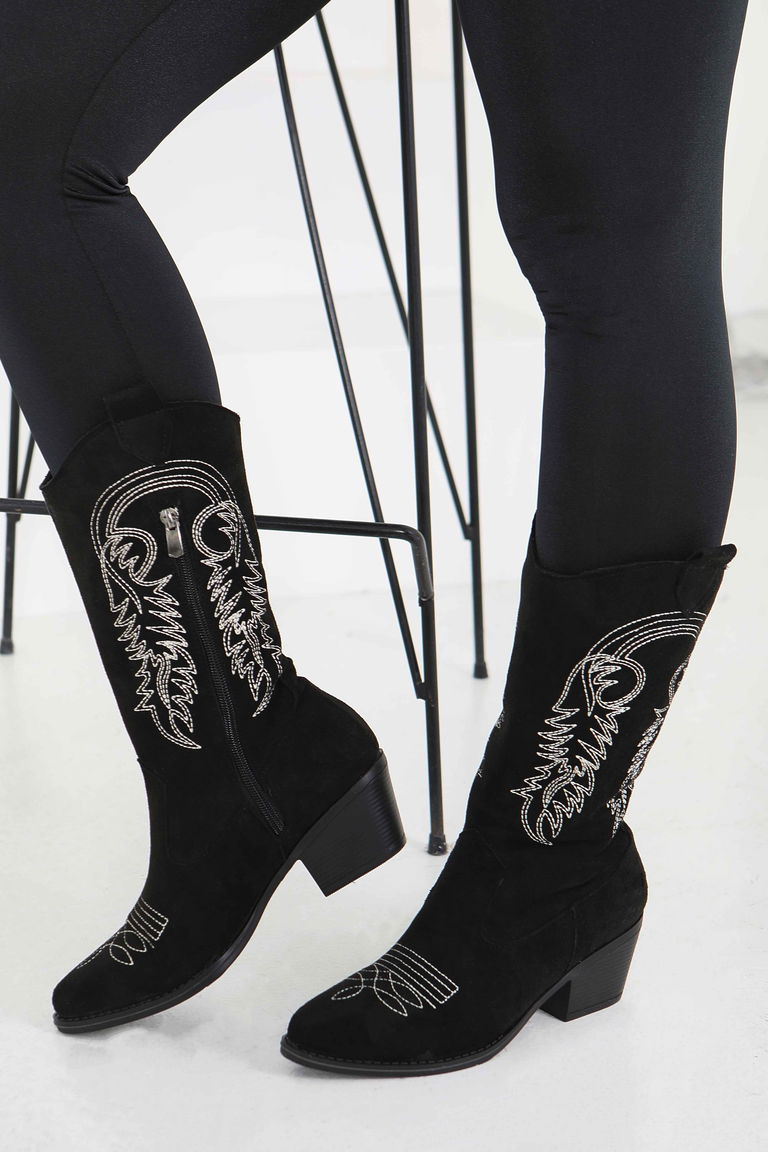 Kadın Siyah Nakışlı Kovboy Fermuarlı Süet Çizme - 27851-SIYAH - TOFİSA