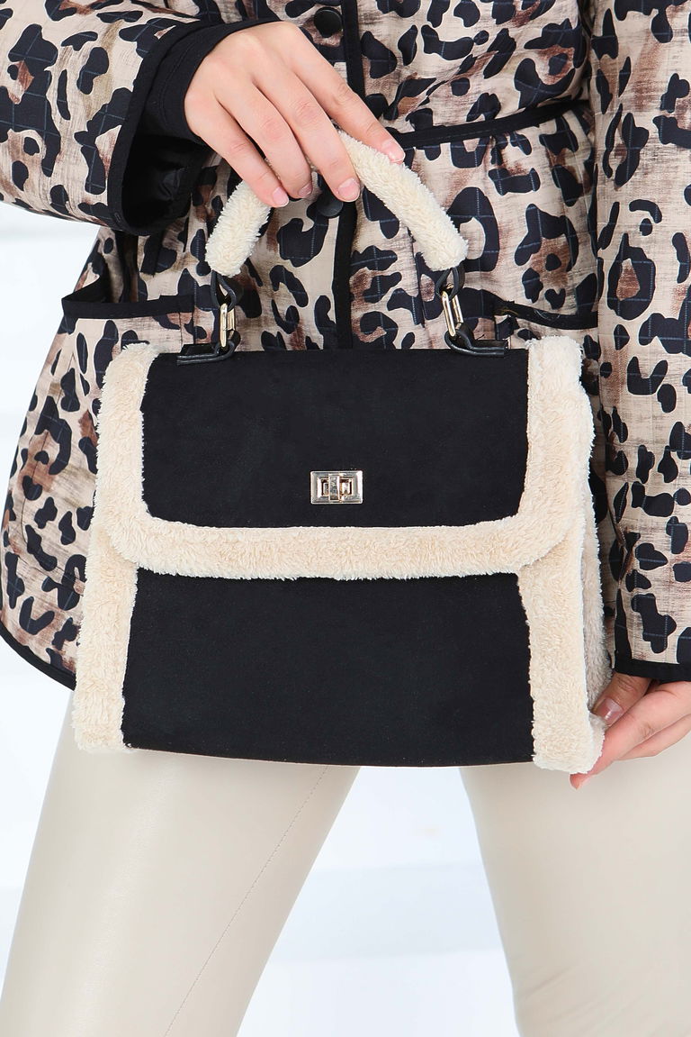 Kadın Siyah Peluş Detaylı Süet El Çantası - 27845-SIYAH - TOFİSA