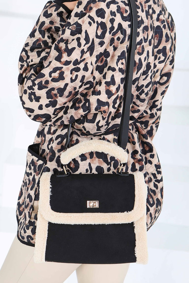 Kadın Siyah Peluş Detaylı Süet El Çantası - 27845-SIYAH - TOFİSA