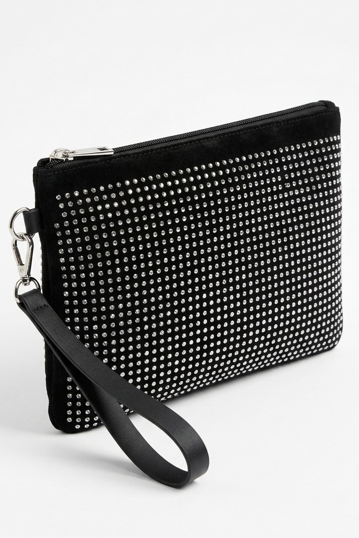 Kadın Siyah Pul Detaylı Kadife El Çantası - 28356-SIYAH - 1