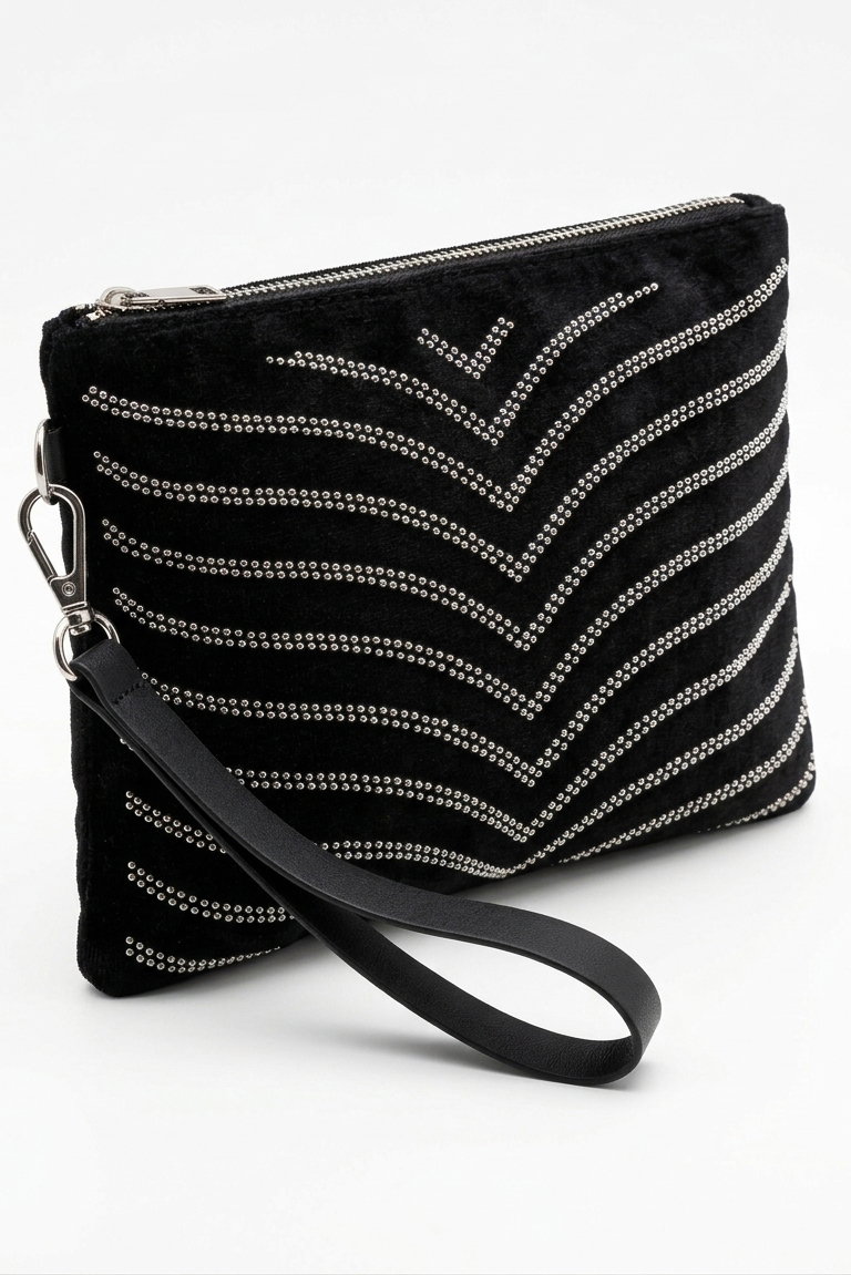 Kadın Siyah Pul Detaylı Kadife El Çantası - 28359-SIYAH - 1