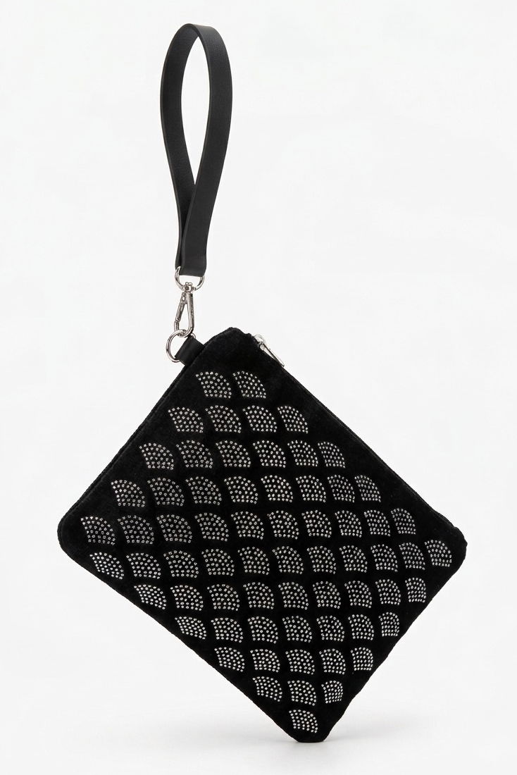 Kadın Siyah Pul Detaylı Kadife El Çantası - 28360-SIYAH - 2