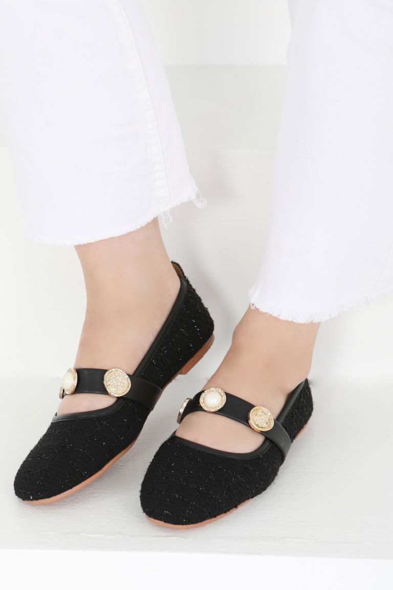 Kadın Siyah Pul İncili Babet - 27413 - TOFİSA