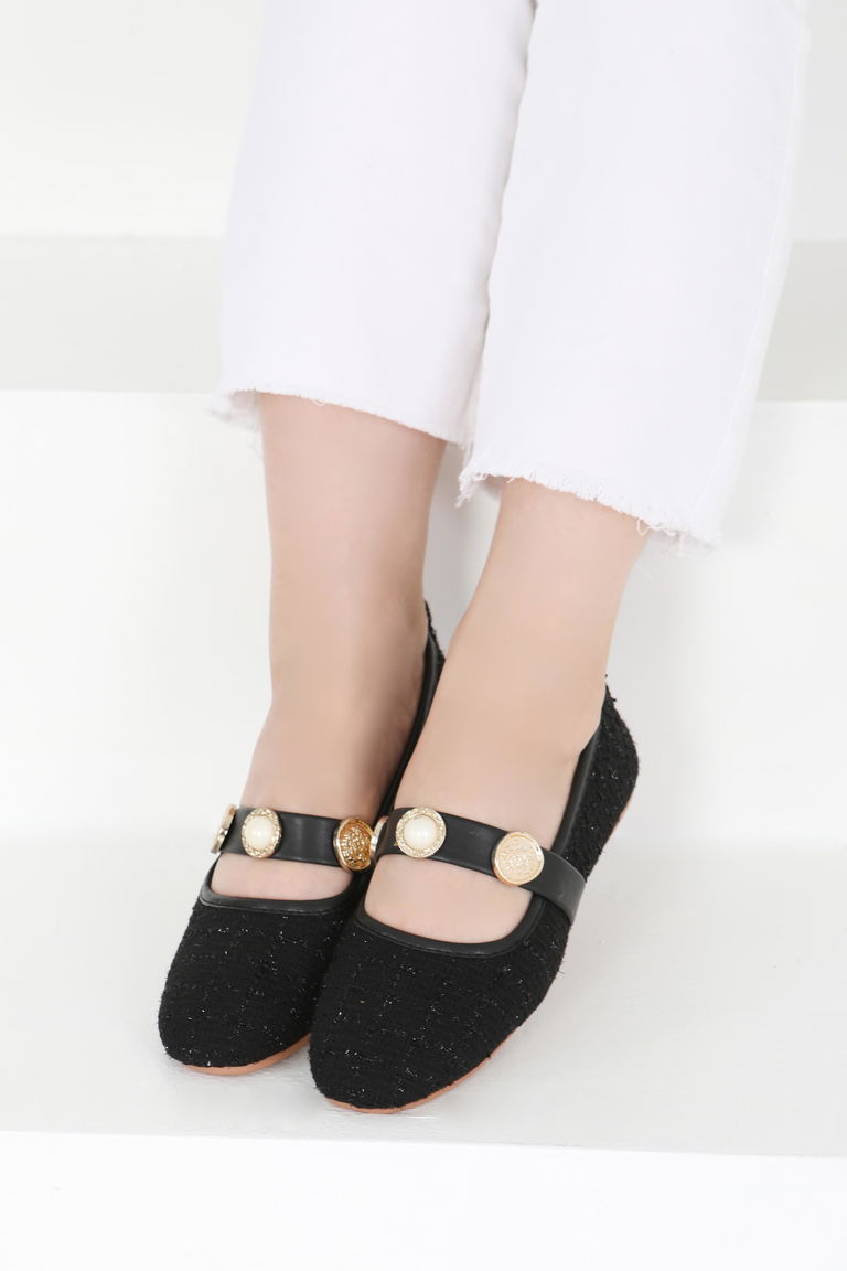 Kadın Siyah Pul İncili Babet - 27413 - TOFİSA