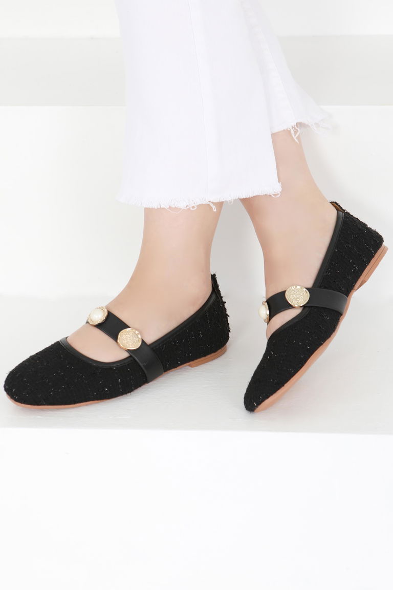 Kadın Siyah Pul İncili Babet - 27413 - TOFİSA