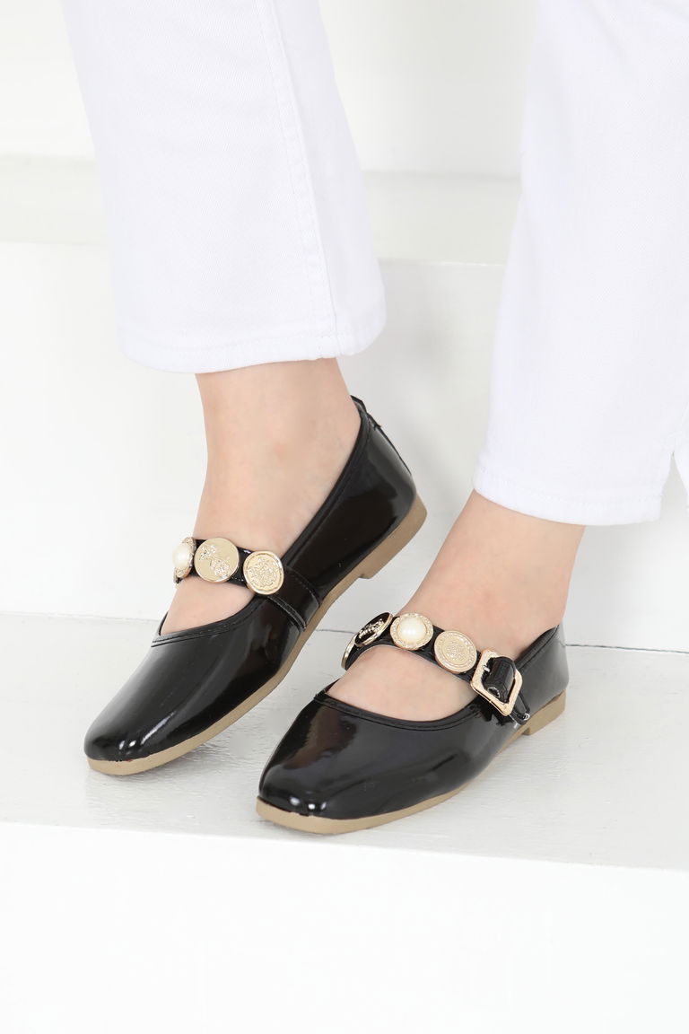 Kadın Siyah Rugan İncili Babet Ayakkabı - 27288 - TOFİSA