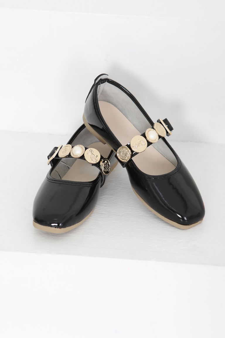 Kadın Siyah Rugan İncili Babet Ayakkabı - 27288 - TOFİSA