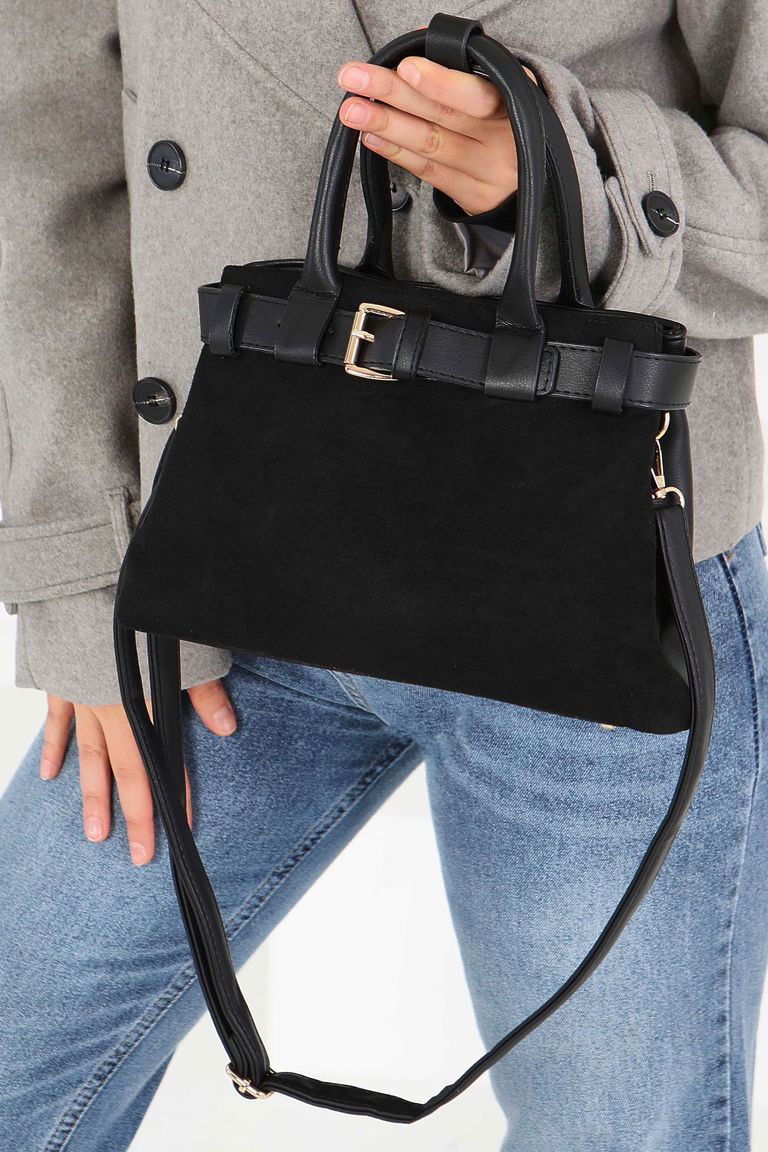 Kadın Siyah Süet Detaylı El Çantası - 27842-SIYAH - TOFİSA