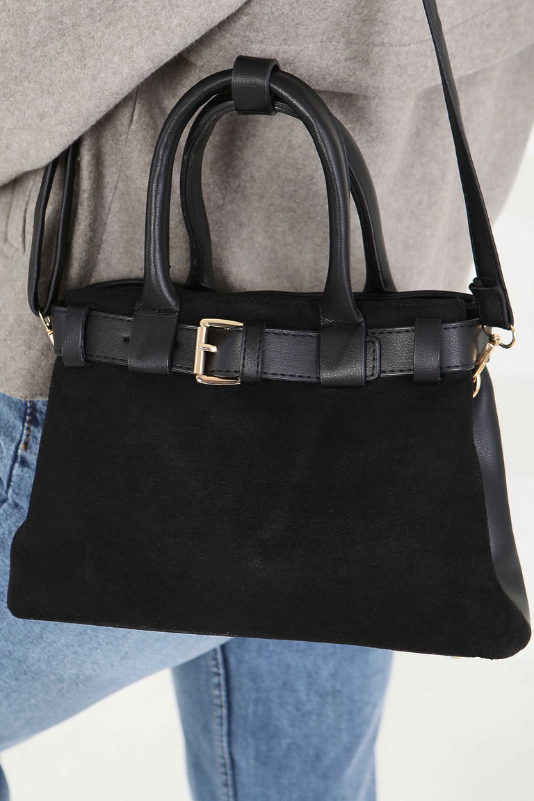 Kadın Siyah Süet Detaylı El Çantası - 27842-SIYAH - TOFİSA