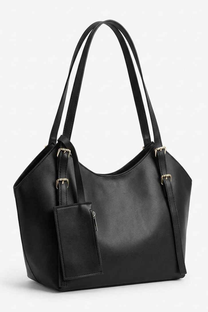 Kadın Siyah Suni Deri Cüzdanlı Geniş Çanta - 28314-SIYAH - 1