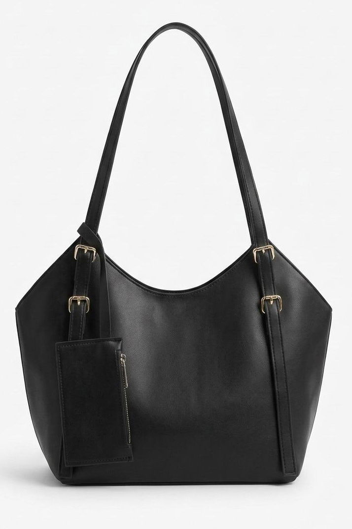 Kadın Siyah Suni Deri Cüzdanlı Geniş Çanta - 28314-SIYAH - 2