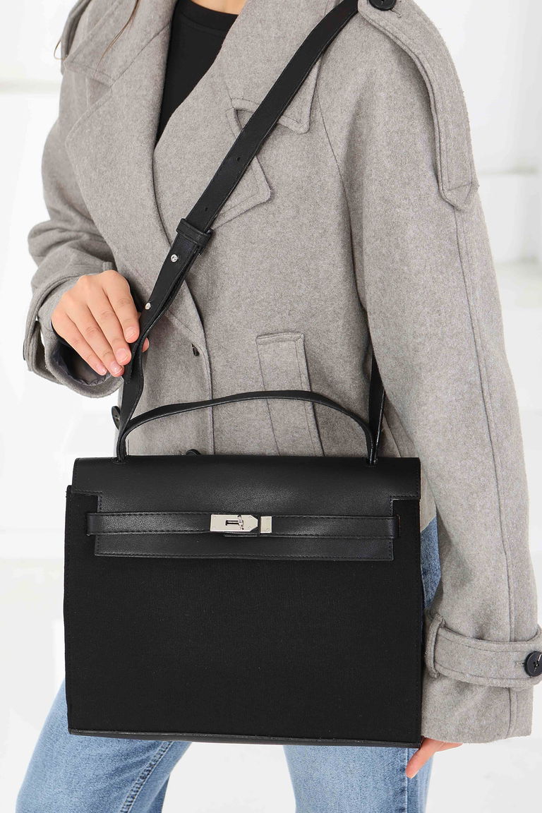 Kadın Siyah Suni Deri Detaylı Omuz Çantası - 27843-SIYAH - TOFİSA