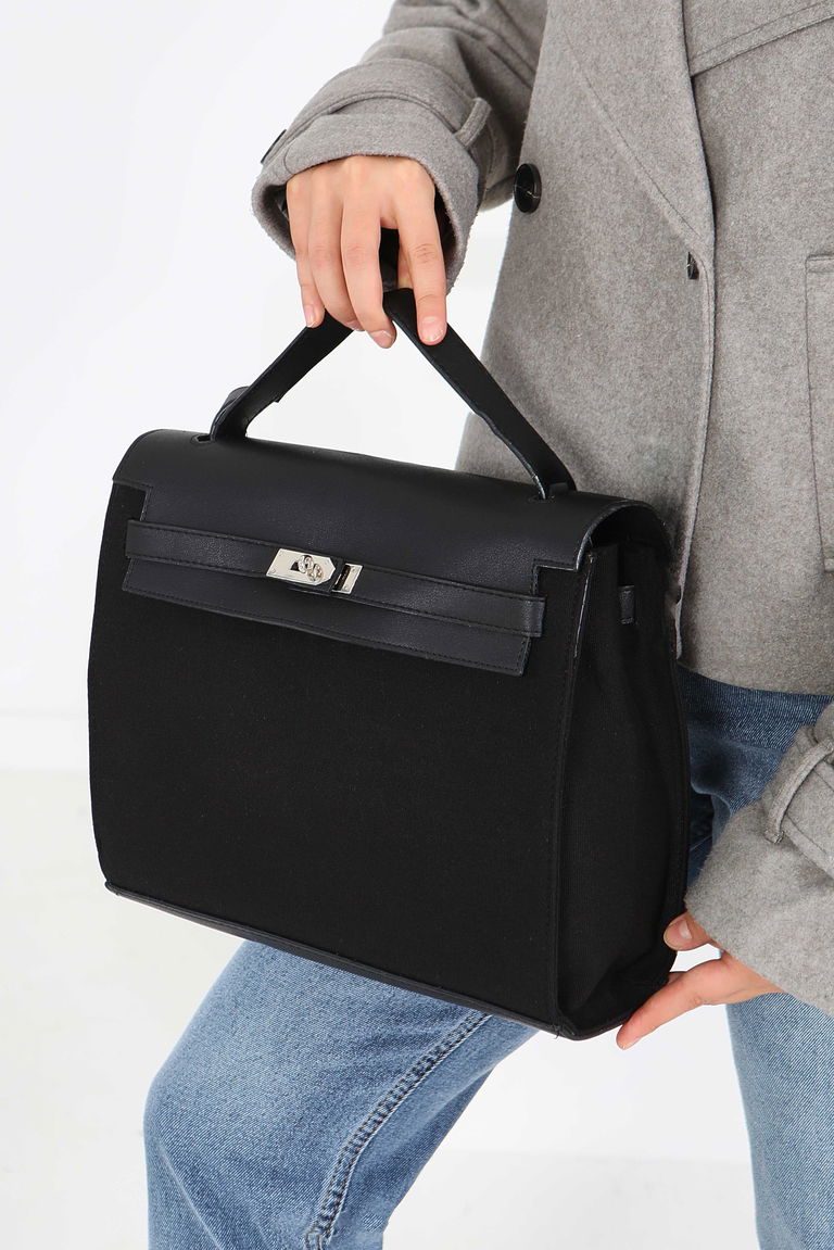 Kadın Siyah Suni Deri Detaylı Omuz Çantası - 27843-SIYAH - TOFİSA