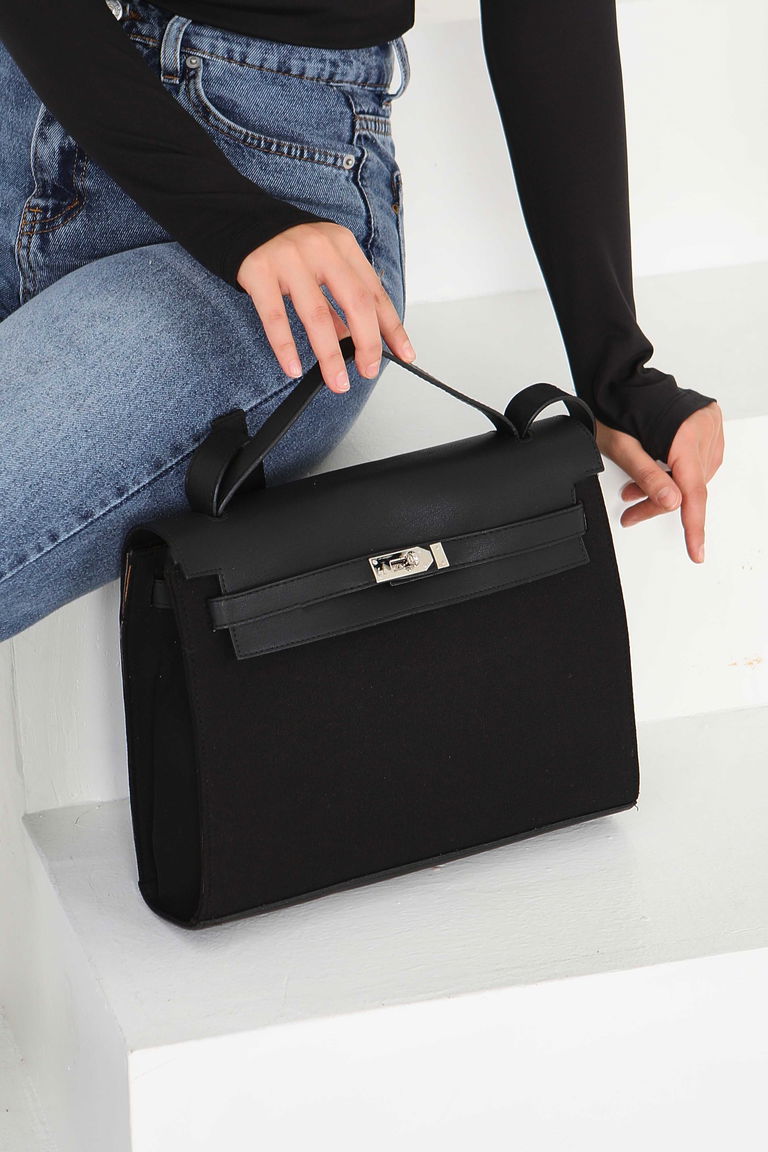 Kadın Siyah Suni Deri Detaylı Omuz Çantası - 27843-SIYAH - TOFİSA