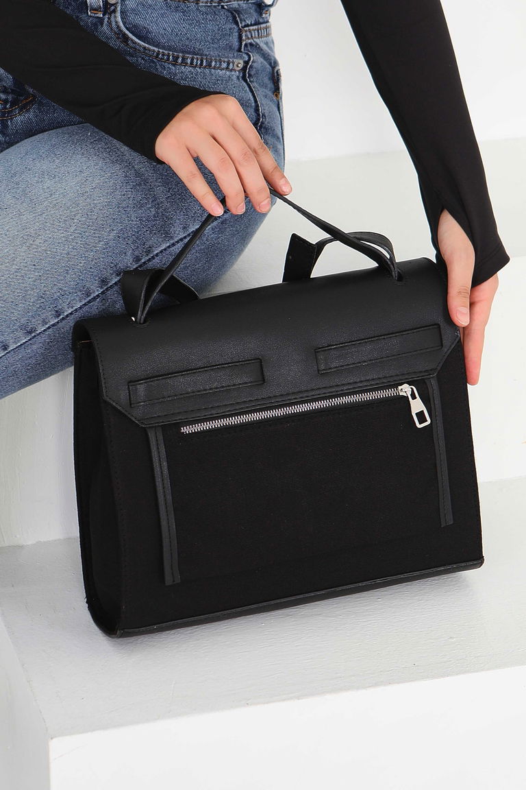 Kadın Siyah Suni Deri Detaylı Omuz Çantası - 27843-SIYAH - TOFİSA