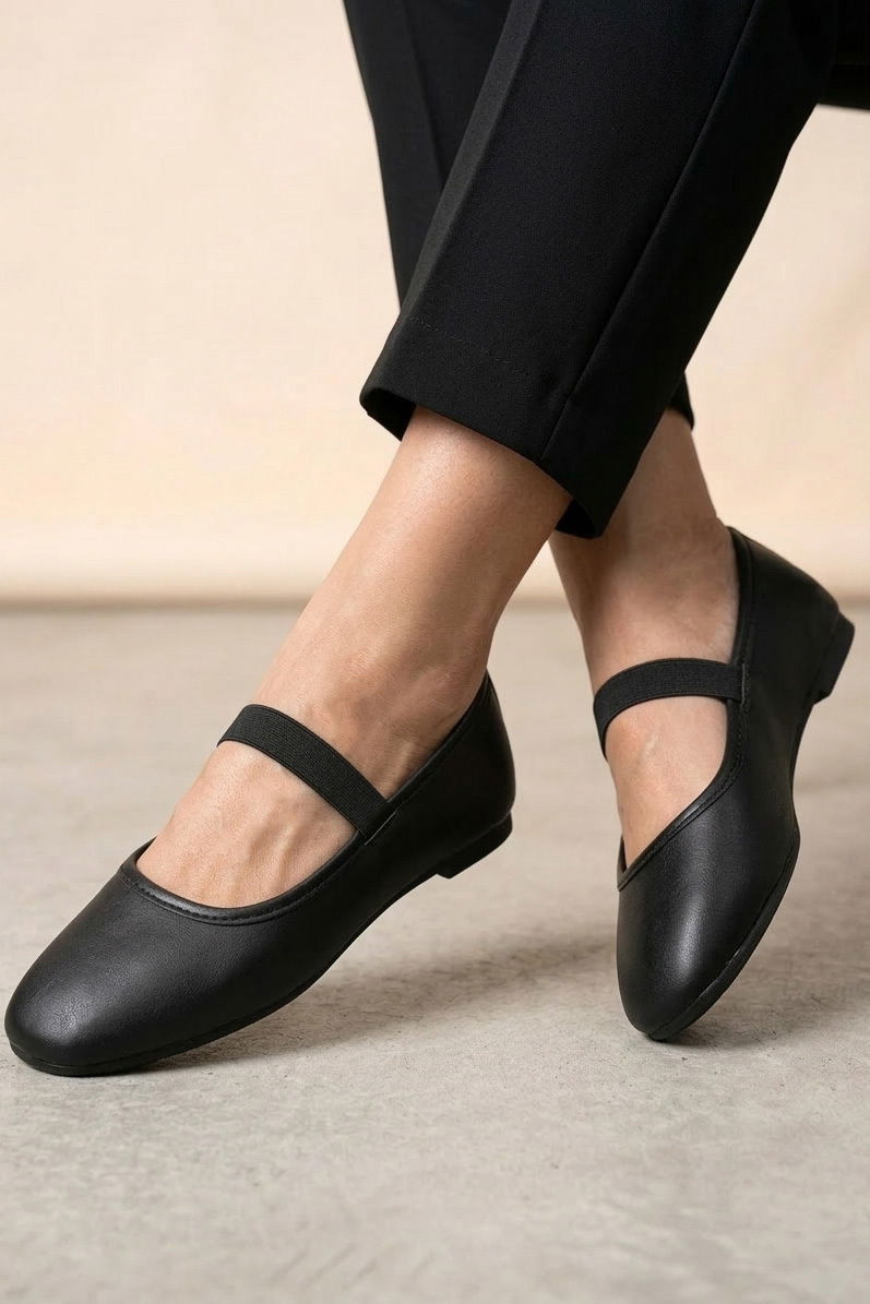 Kadın Siyah Suni Deri Lastikli Babet - 28341-SIYAH - 1