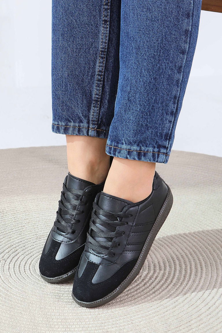 Kadın Siyah Suni Deri Spor Ayakkabı - 27702-SIYAH - TOFİSA