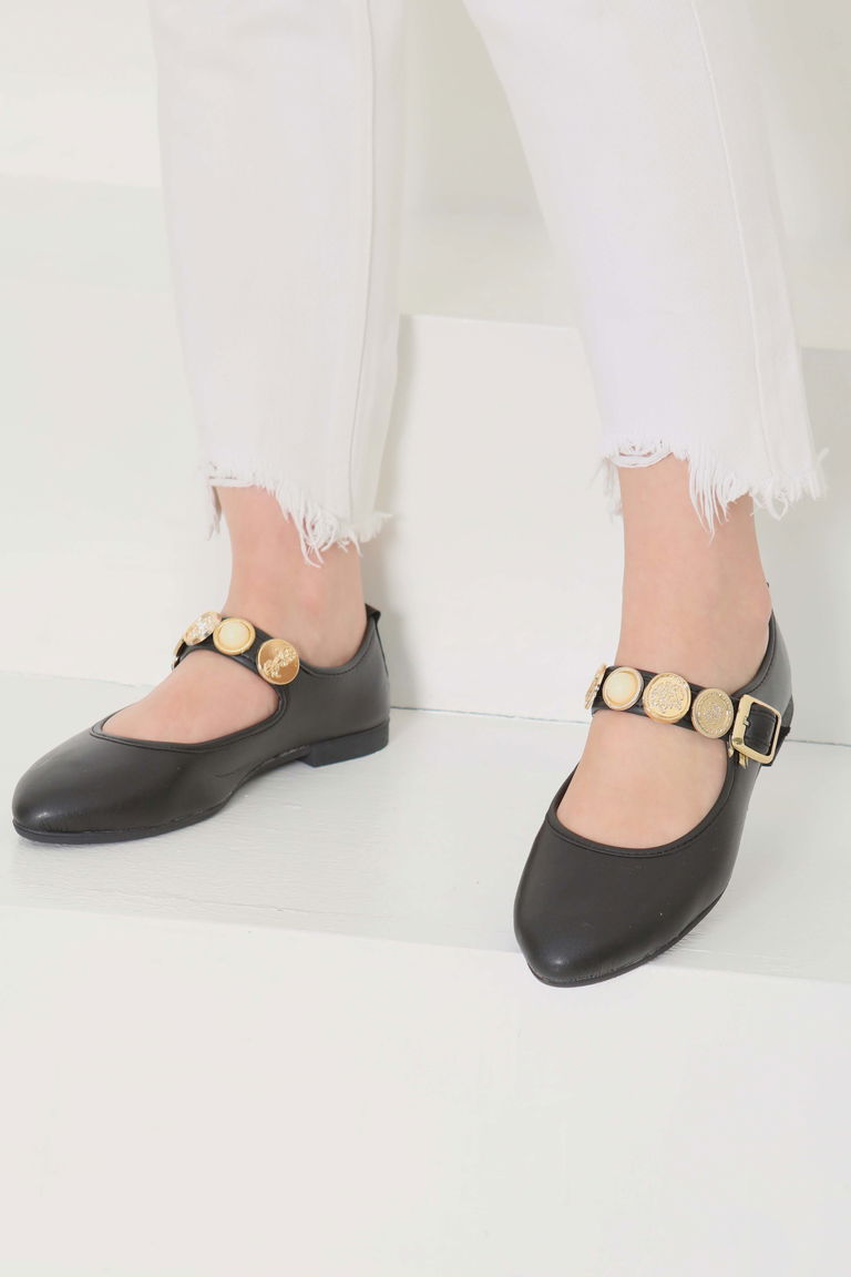 Kadın Siyah Taş Detaylı Babet Ayakkabı - 27112 - TOFİSA