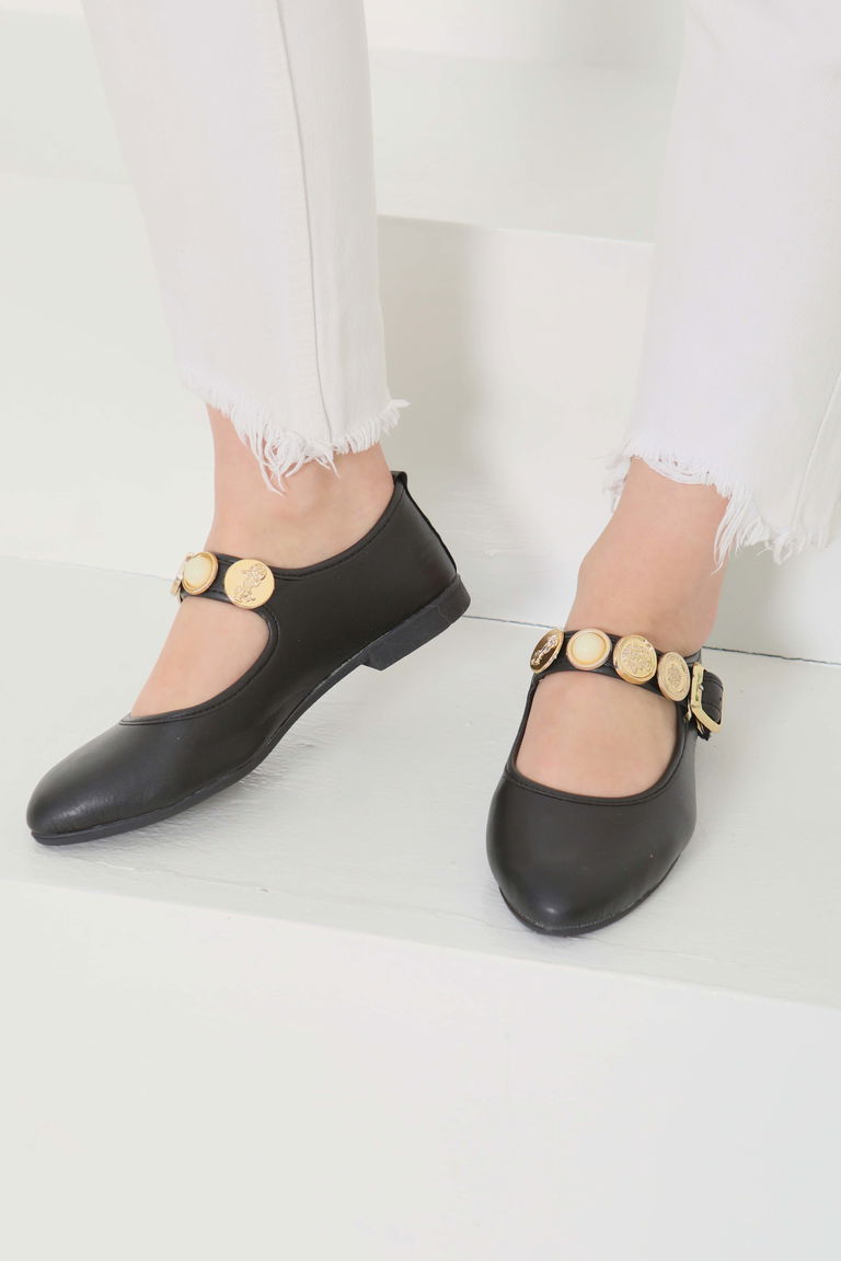 Kadın Siyah Taş Detaylı Babet Ayakkabı - 27112 - TOFİSA