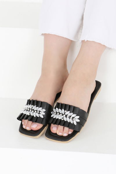 Kadın Siyah Taşlı Terlik - 27402 