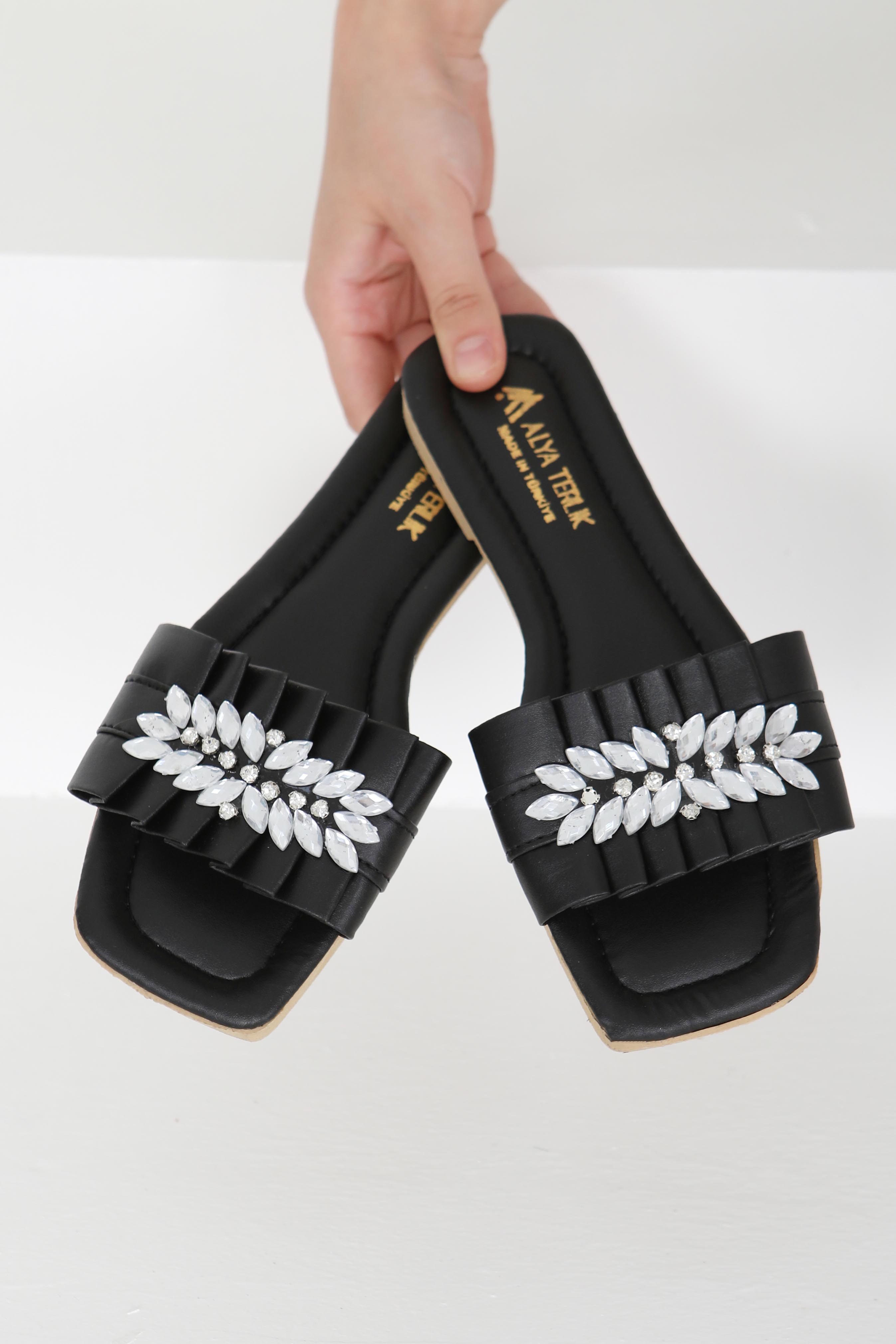 Kadın Siyah Taşlı Terlik - 27402 - 3