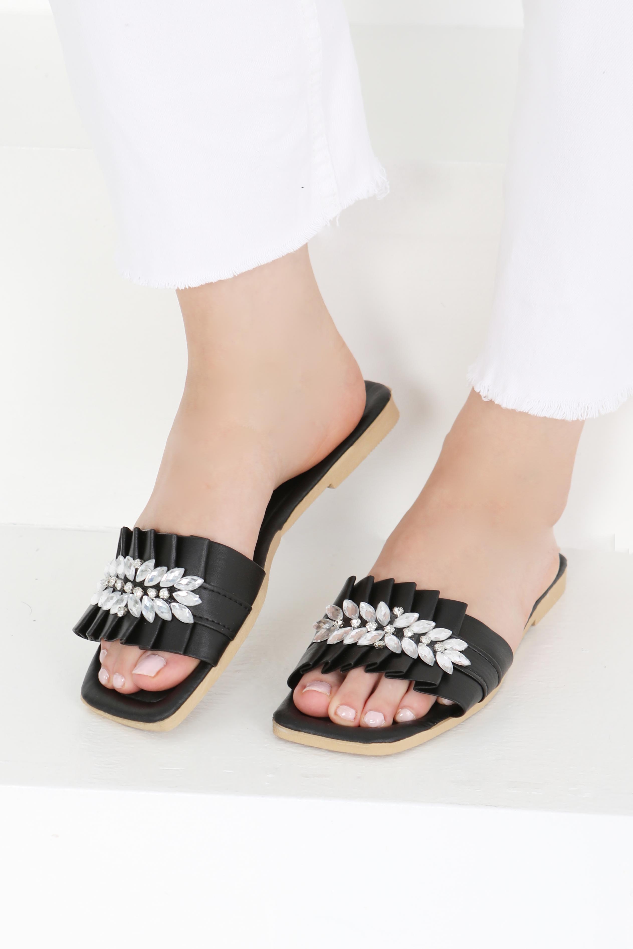 Kadın Siyah Taşlı Terlik - 27402 - 4